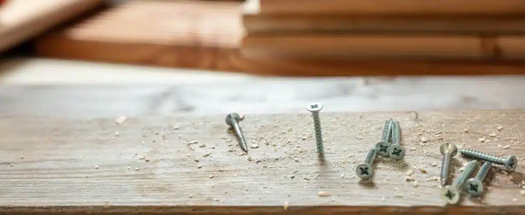 Wood screw on wooden board, carpenter workshop bench. DIY, home repair and fix..
